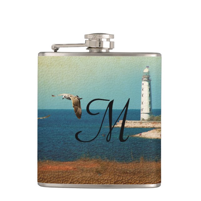 Lighthouse Beach Scene Monogram Whiskey Flask (Front)