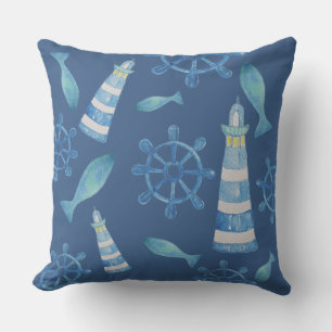 Lighthouse Beach Watercolor Hand-painted Outdoor P Cushion