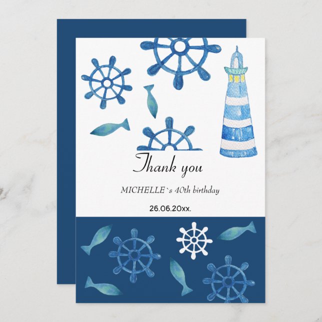 Lighthouse Beach Watercolor Hand-painted Thank You Card (Front/Back)