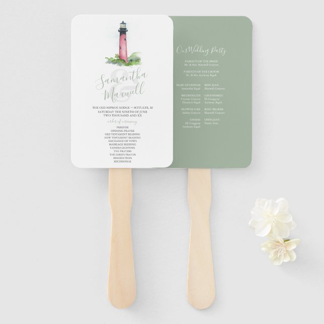 Lighthouse Beach Wedding Program Hand Fan (Front and Back)