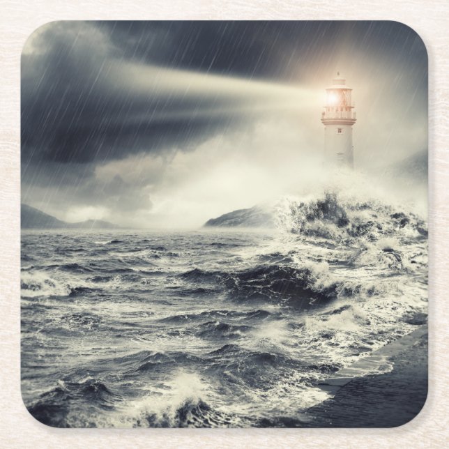 Lighthouse Beacon Square Paper Coaster (Front)