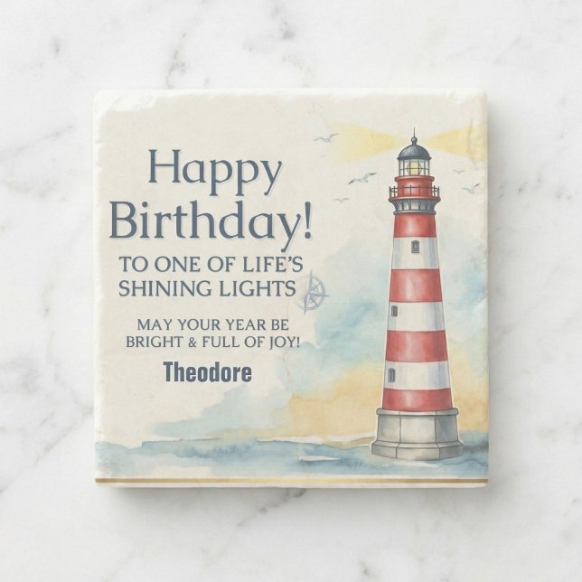 Lighthouse Birthday Shining Light Stone Coaster (Coastal charm for birthdays.)