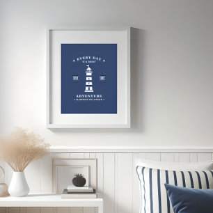 Lighthouse Blue and White Nautical Poster