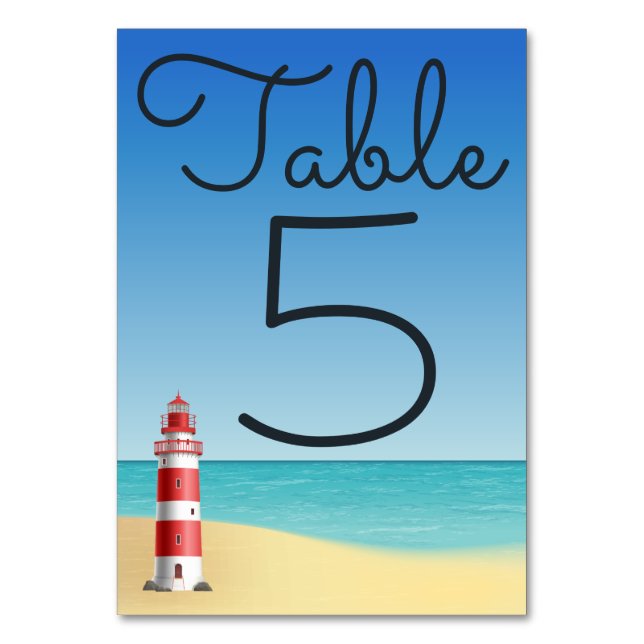 Lighthouse Blue Nautical Beach Wedding Table Number (Front)