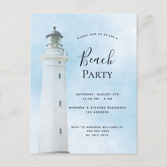 Lighthouse blue party summer invitation postcard (Front)