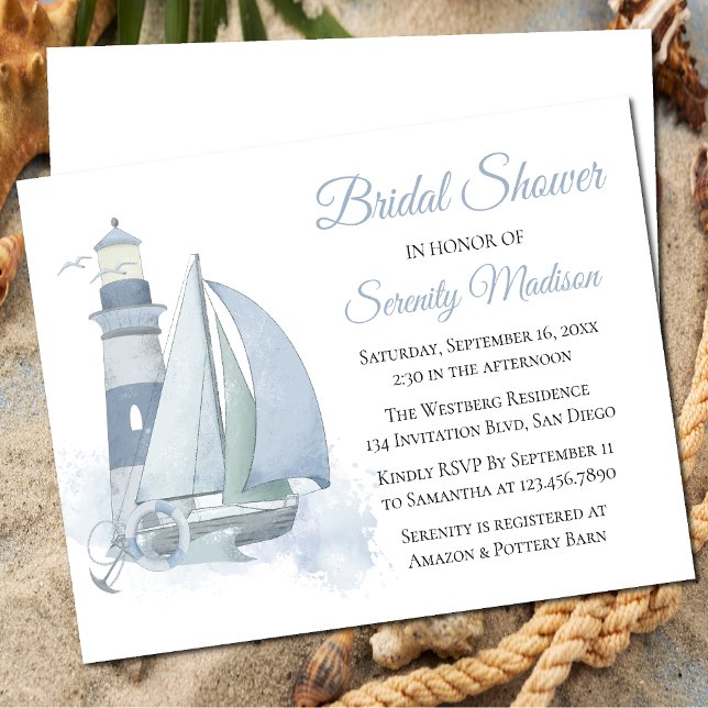 Lighthouse Blue Watercolor Nautical Bridal Shower Invitation (Creator Uploaded)