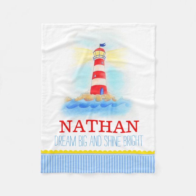Lighthouse blue white named blanket (Front)