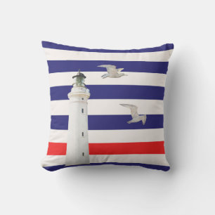 Lighthouse blue white red nautical stripes outdoor cushion