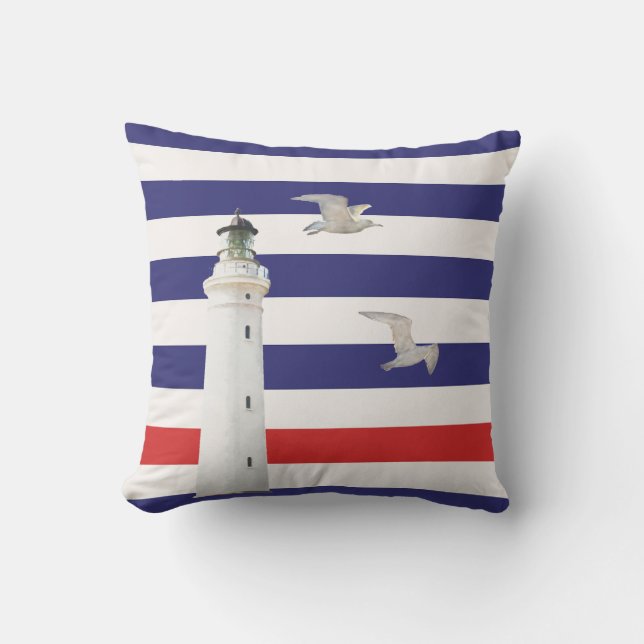 Lighthouse blue white red nautical stripes outdoor cushion (Front)