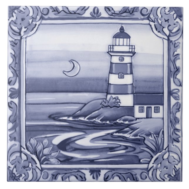 Lighthouse by the Sea Ocean Blue and White Tile (Front)