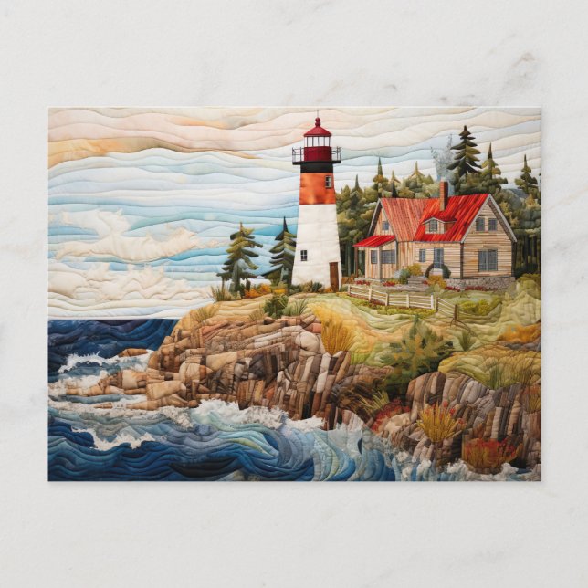Lighthouse by the Sea Quilt Style Postcard (Front)