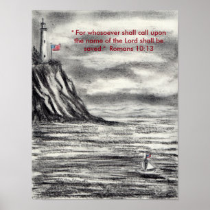 Lighthouse Charcoal with Scripture Christian Poste Poster