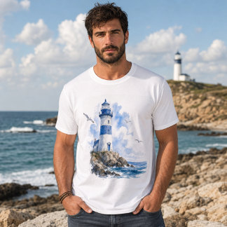 Lighthouse Coastal Blue and White Men’s  T-Shirt