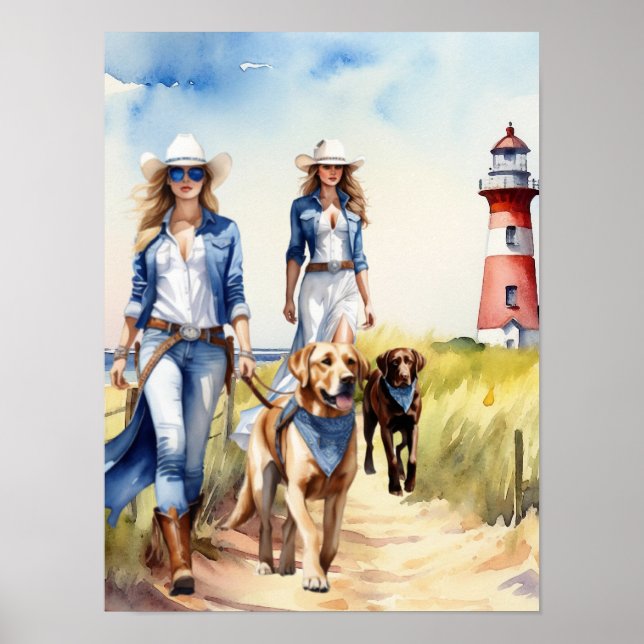 Lighthouse Coastal Cowgirl - Two Dog Walkers Poster (Front)
