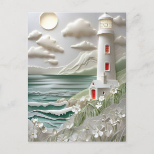 lighthouse coastal landscape papercut style postcard