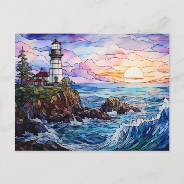 lighthouse coastal landscape stained glass style postcard (Front)