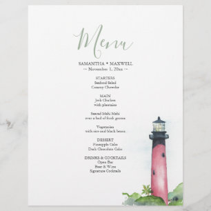 Lighthouse Coastal Watercolor Wedding Menu