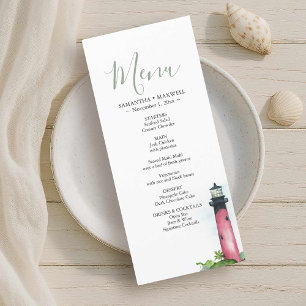Lighthouse Coastal Watercolor Wedding Menu Card