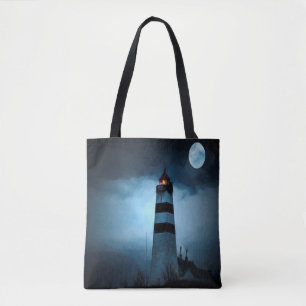 Lighthouse dark night with moon tote bag
