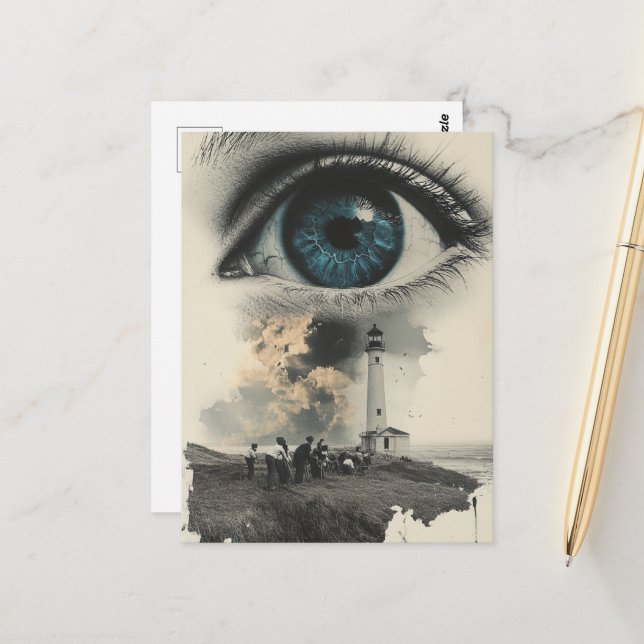 Lighthouse Eyeball and Farmers Surreal Vintage Postcard (Front/Back In Situ)