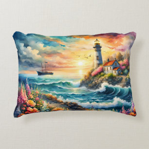Lighthouse Floral garden on the Sea Decorative Cushion