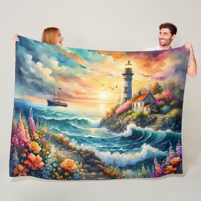 Lighthouse Floral garden on the Sea Fleece Blanket (In Situ)