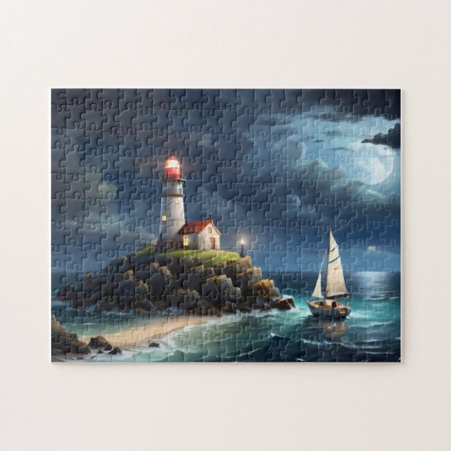 Lighthouse full moon empty row boat jigsaw puzzle (Horizontal)