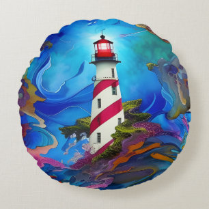 Lighthouse in a Storm Poster Round Cushion