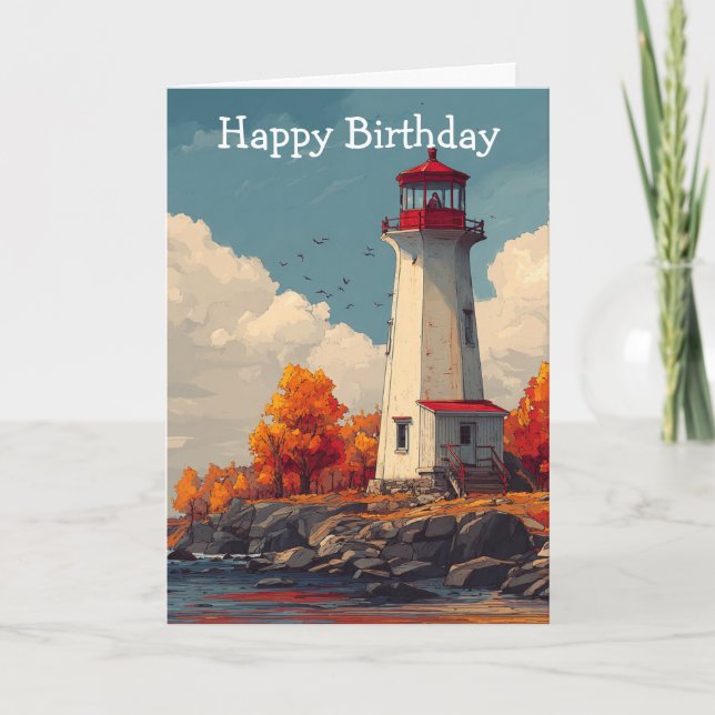 Lighthouse in Autumn Fall Birthday Card (Front)