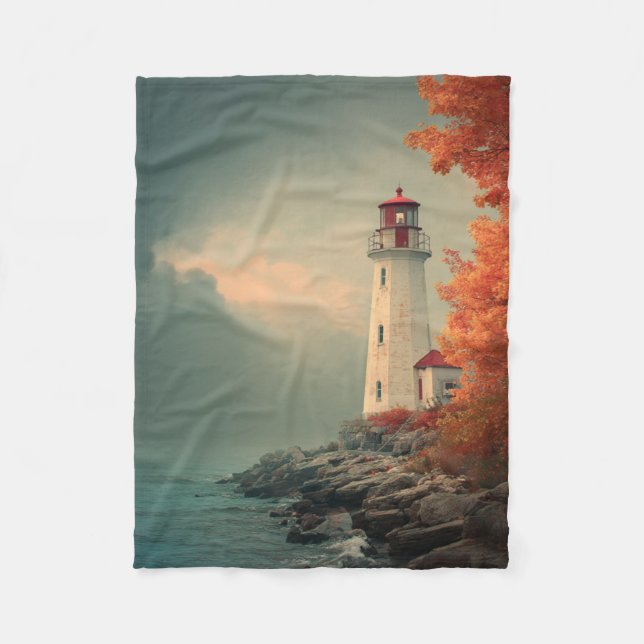 Lighthouse in Autumn Fall Fleece Blanket (Front)