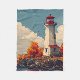 Lighthouse in Autumn Fall Fleece Blanket