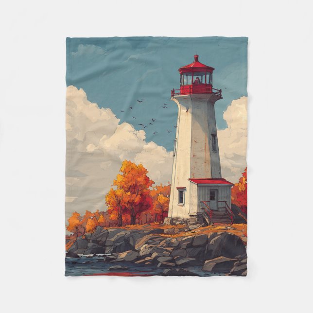 Lighthouse in Autumn Fall Fleece Blanket (Front)