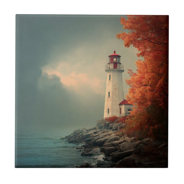 Lighthouse in Autumn Fall Tile (Front)