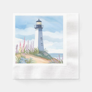 Lighthouse in Bloom   Coastal Watercolor Floral Napkin