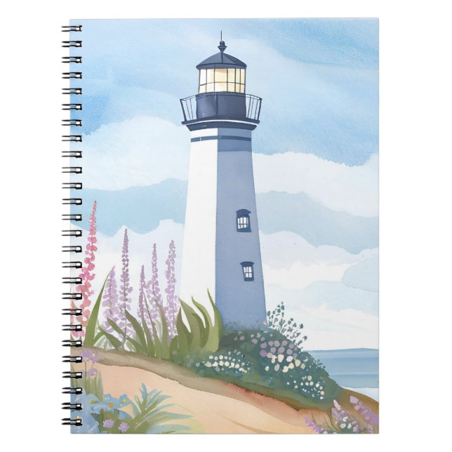 Lighthouse in Bloom | Coastal Watercolor Floral Notebook (Front)
