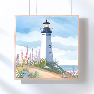Lighthouse in Bloom   Coastal Watercolor Floral Poster