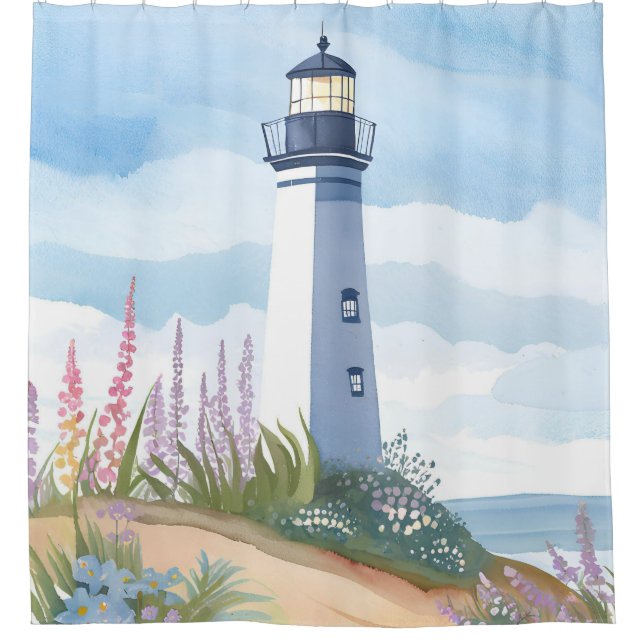 Lighthouse in Bloom | Coastal Watercolor Floral Shower Curtain (Front)