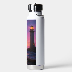 Lighthouse in Colorful Sunset - Water Bottle