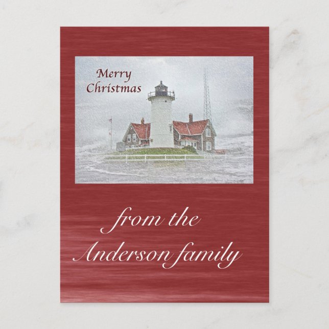 Lighthouse in Snow Merry Christmas Holiday Postcard (Front)