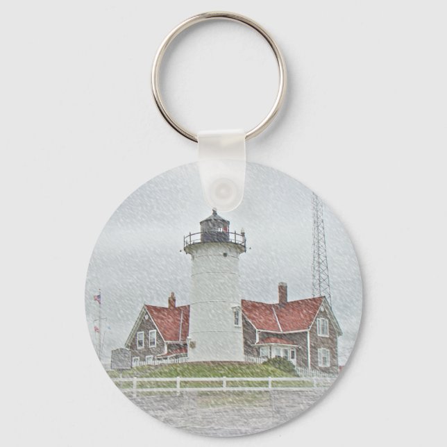 Lighthouse in Snow Merry Christmas Key Ring (Front)