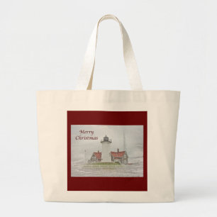 Lighthouse in Snow Merry Christmas Large Tote Bag