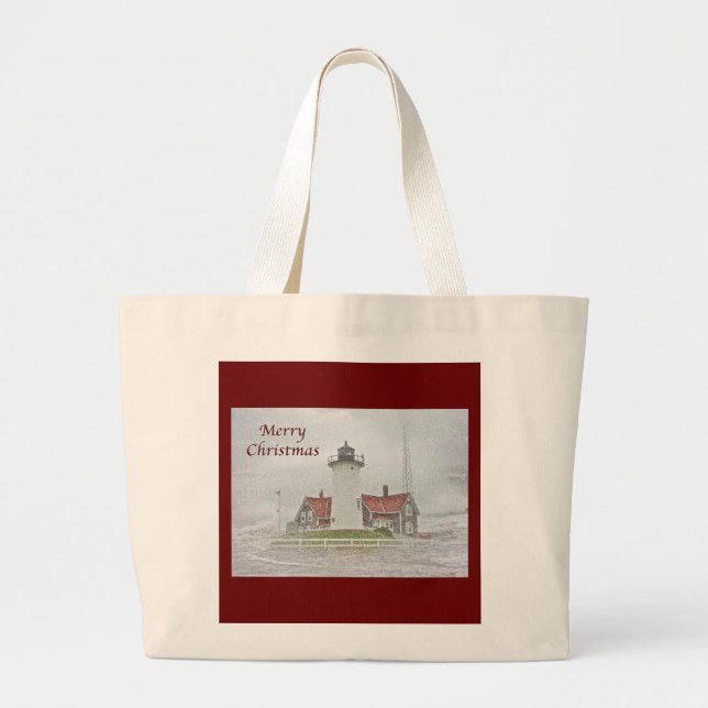 Lighthouse in Snow Merry Christmas Large Tote Bag (Front)