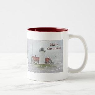 Lighthouse in Snow Merry Christmas Two-Tone Coffee Mug