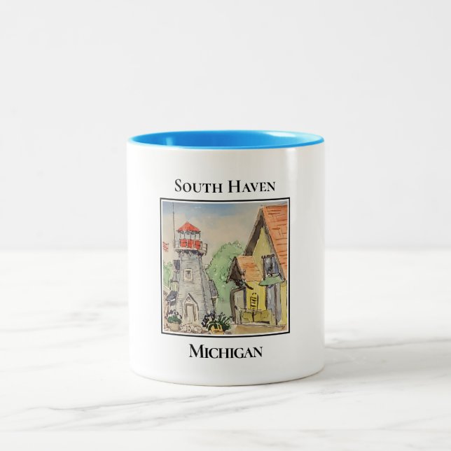 Lighthouse in Town, South Haven, Michigan Two-Tone Coffee Mug (Center)
