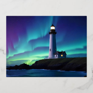 Lighthouse Landscape Coastal Ocean Aurora Night Foil Holiday Postcard
