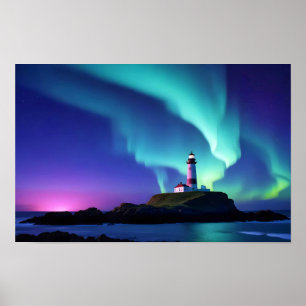 Lighthouse Landscape Coastal Ocean Aurora Night  Poster