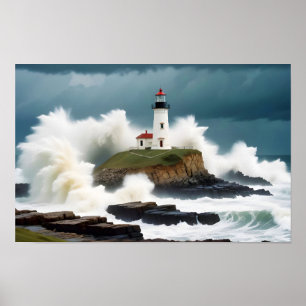 Lighthouse Landscape Coastal Ocean Waves Calm Sea Poster