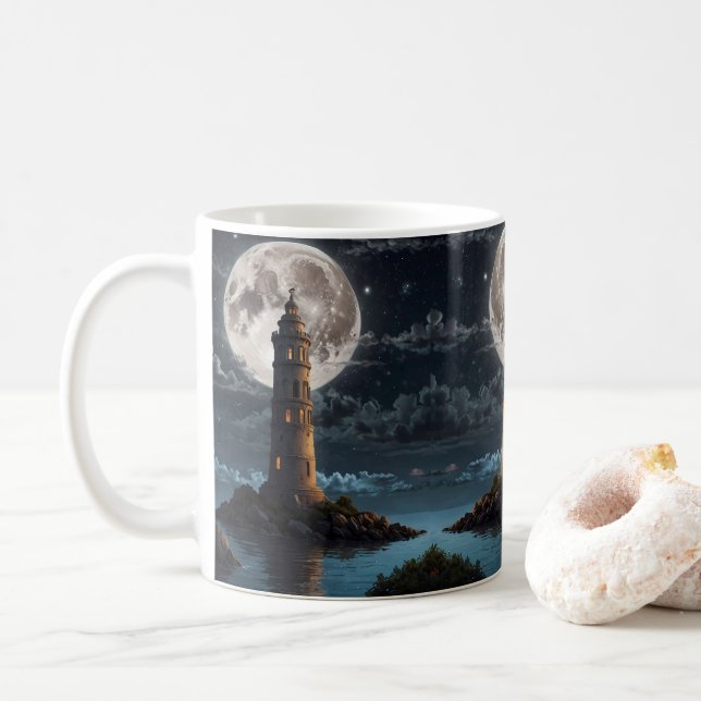 Lighthouse lit via moonlight on a clear night coffee mug (With Donut)