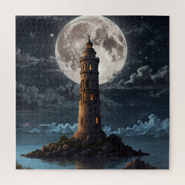 Lighthouse lit via moonlight on a clear night jigsaw puzzle (Vertical)