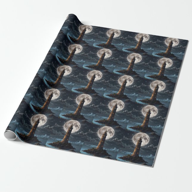 Lighthouse lit via moonlight on a clear night wrapping paper (Unrolled)